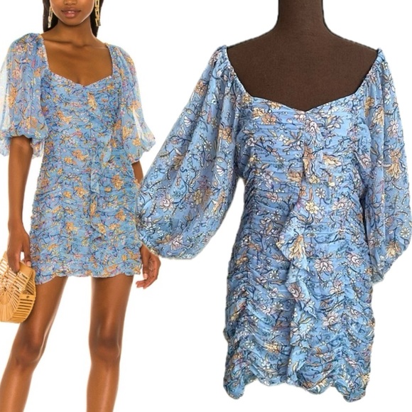 MINKPINK Floral Milkmaid Dress Size M Sheer Puff Sleeve Ruched Ruffle Front - Picture 1 of 16